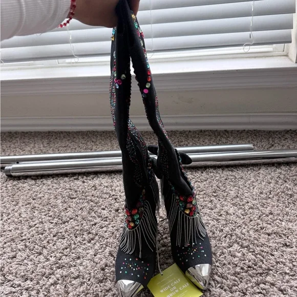 Gianni Bini Blue Jean Boots with Multicolor Accents - Picture 3 of 4